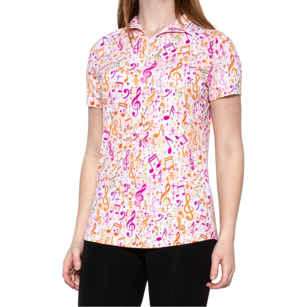 IBKUL Top Take Note Pink Coral Short Sleeve Music Golf Tennis PickleBall XS-2XL